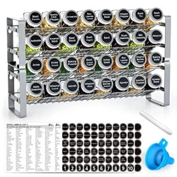 Spice Rack Organizer with 32 Empty Square Spice Jars 396 Spice Labels Chalk Marker and Funnel Complete Set for Cabinet,...