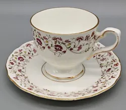 Vintage Queen Anne Bone China Teacup And Saucer India Burgundy Floral.