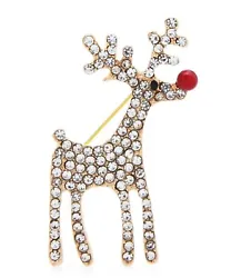 Sparkling Full Rhinestone Reindeer Red Nose Gold Christmas Brooch. Gold alloy. A small jewelry box is included.