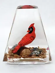 VINTAGE Paperweight- Hand carved wood Cardinal encased in lucite. LOOKS NEW. No defects at all. Lucite is crystal...