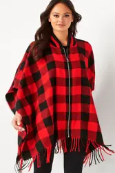 Soft Cozy Trendy Buffalo Plaid Zip up Front Fringe Poncho Cape Shawl with striped neckline. Great with skinny jeans or...