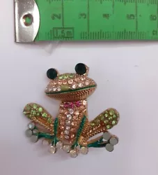 Broche strass grenouille verte brillante bijoux fantaisie porte-bonheur.