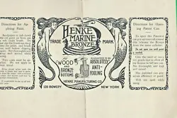 Scarce label for Henke Marine Bronze boat bottom paint. Directions for applying the paint, and directions for opening...