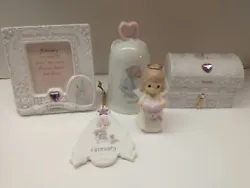 Precious Moments lot of 5 February items. Hope chest,, bell, picture frame, hanging ornament and angel figure. All in...