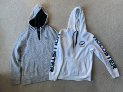 White hoodie with pink and green.