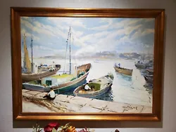 Vintage Venice Harbor Scene Signed An oil on canvas 39