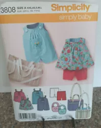 Simplicity Simply Baby #3808. Pattern includes: Babies top, romper, bib diaper bag and knit shorts. Factory folded....