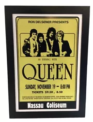 Queen Nassau Coliseum framed concert poster. This reproduction poster comes in a black wood frame with plexiglass front...