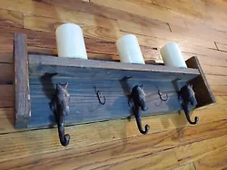 Handmade Wall Mounted Shelf Coat Rack. Tabaco Barn Wood & metal horses hooks.  Candles are not included .Shipping only...