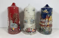 Christmas 3D Pillar Candles. Christmas Village - Red, White & Blue.