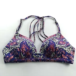 Athleta strappy back bikini top in blue print - lightly lined with side boning but no underwires. Size Small.