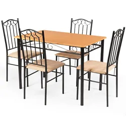 Our five-piece table set is the ideal choice for you.  Our kitchen table and chair set has a wooden color appearance...