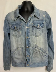Smoke Rise Denim Jean Jacket Distressed Faded sz Mens M - 44”. See photos for faded stains on elbows, cuffs Clean,...