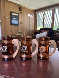 Vintage Siesta Ware Amber Brown Barrel Glass Beer Mug Wood Handle Western Set 3.