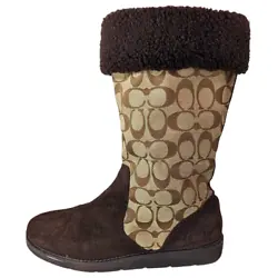Coach Kally Boot. brown faux shearling trim around calf. brown suede toe, heel and rear trim. brown and tan signature...