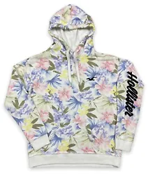 Hollister All-Over Hawaiian Aloha Floral Embroidered Hoodie Sweatshirt Size MEmbroidered spellout on left sleeveWhite...