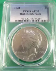 This beautiful silver 1921 Peace Dollar has been certified by PCGS with a grade of AU 53. It features a stunning strike...