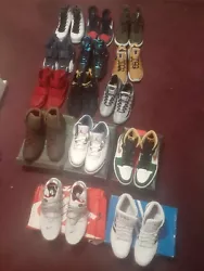 14 pairs of different shoes. Adidas olive green runners. Air Jordan 9 Barons. size 12. Air Jordan 1 navy and blue. size...