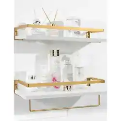 Floating Shelves White Hanging Shelves Gold Wall Shelf for Toilet Bathroom Kitchen Bedroom Wall Mounted Modern Luxury,...