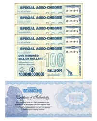 5 pcs x 100 Billion Zimbabwe AGRO Banknote (aka: 