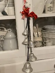 Vintage Christmas Door Hanger Mercury Beads Foil Bells Red Ribbon 16