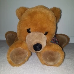 Brown Teddy Bear Plush. Bear shows light wear from past handling, is still in very nice condition. Red/green/blue/gold...