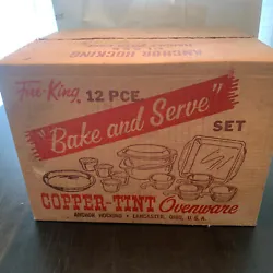 FIRE KING 12 PIECE BAKE AND SERVE COPPER TINT OVENWARE SET FACTORY SEALED NOS. ITEM IS BRAND NEW UNUSED IN ORIGINAL...