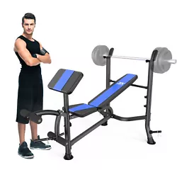 Features: 【Full-Body Workouts Bench】Equipped with barbells squat rack, leg extension, preacher curl , weight bench...