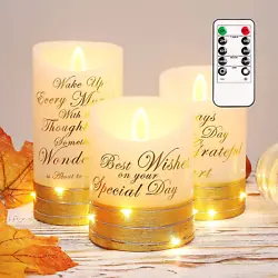 So convenient. These are led pillar candles with string lights and gilded letters! The string lights start twinkling...