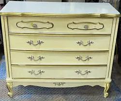 VINTAGE FRENCH PROVINCIAL 3 DRAWER DRESSER GOLD TRIM GREAT CONDITION. There’s a couple of scuffs on the bottom drawer...