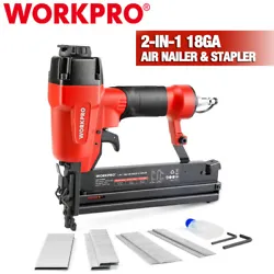 The WORKPRO 2 -IN-1 Pneumatic Brad Nailer/Staple Gun is compatible with 18 gauge staples/nails, which makes it ideal...