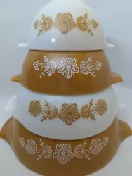 Pyrex Corning Butterfly Gold Set of 4 Nesting Cinderella Bowls.This Butterfly Gold pattern was made from 1972-1979....