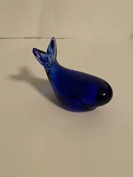 Art Glass Paperweight Beluga Whale Figurine Mini Cobalt Blue Blown Glass Ocean.