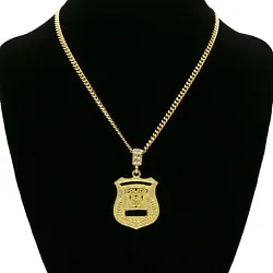 14k Gold Plated Police Badge Pendant w/ 3mm Cuban Chain. Iced : Cubic Zirconia. Also, exposing plated jewelry to...