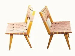 Jens Risom style. Set of two teak and woven upholstered fabric chairs.