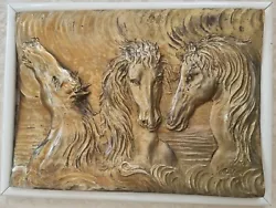 Tableau Mural Scène Animal Cheval Sculpté Bronze Animal Horse Carved. Wall Art Avec le cadre 70x60 cm sculpture...