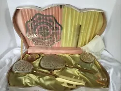 8 Pc Vtg Large Goldtone & White Vanity Dresser Set With Original Box 50s/60s. Extra items included. Please look at all...