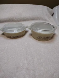 Vintage Pyrex 471-b And 472-b Forest Fairies with lids.rhe larger one has a flaw from when they where made not all...