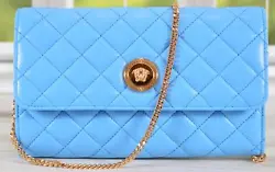 Brand: Versace Style: Quilted Wallet on Chain Crossbody Soft Quilted Blue Leather Golden Medusa Head Plaque Magnetic...