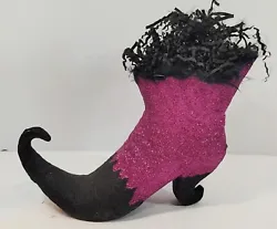 Halloween Sexy Witchs Boot Tabletop Decoration Centerpiece Glittery Hot Pink and Black. Very Girlie. Feathers on top of...