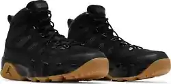 The Air Jordan 9 Retro Boot NRG Black Gum features a black suede upper with a black leather mudguard.
