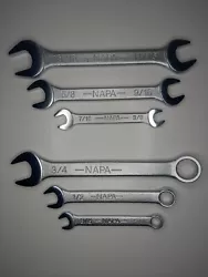 Vintage -NAPA- New/Old Stock 6 Total Wrenches 3 Combination & 3 Open End USA 13/16, 11/16, 5/8, 9/16, 7/16, 3/8 - 3/4,...