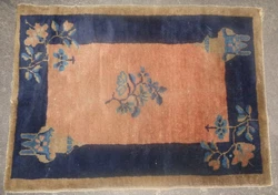 Small antique Chinese hand knotted rug mat. Blue flowers incense burners on red with bronze edge. Very fine condition....