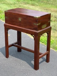 Antique Mahogany Lap Desk with Stand having great brass inlaid corners, braces handles and escutcheons. The desk lifts...