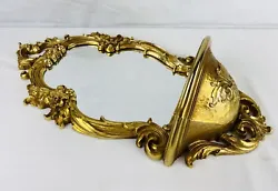 Vintage Gold Syroco Hollywood Regency Mirror French Cottage Floral Wall Shelf. Gorgeous piece in excellent condition....