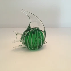 Hand Blown Art Glass Angelfish Green And White Fish Murano . Paperweight.