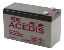 Batterie plomb AGM étanche 12V Acedis STD8 - 7,6 Ah C/100. Type de borne : FASTON 4,75 mn - Type 187. Poids : 2,4 Kg.