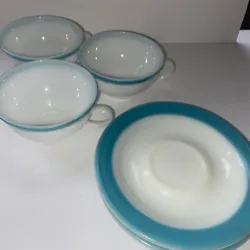Vintage Pyrex Milk Glass Coffee Cup Teacup White With Blue Rim Made In USA 3 Set. No chips or damage Some color wear...