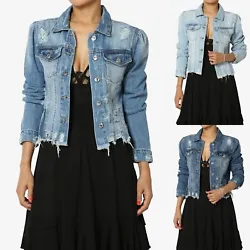 Non stretch denim with distressed detail, cropped length, slim fit. This gorgeous jacket will make you fall in love...
