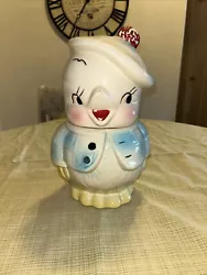 Vintage 1950s American Bisque Chick W/ Beret Checkered Blue/ White Cookie Jar.